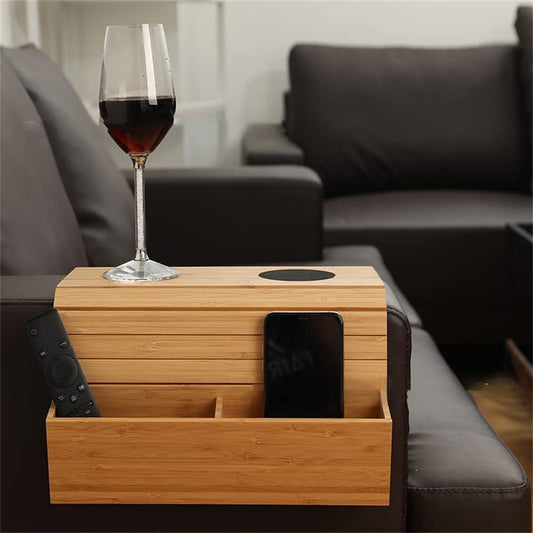 Premium Bamboo Sofa Arm Tray | Foldable Anti-Slip Couch Cup Holder