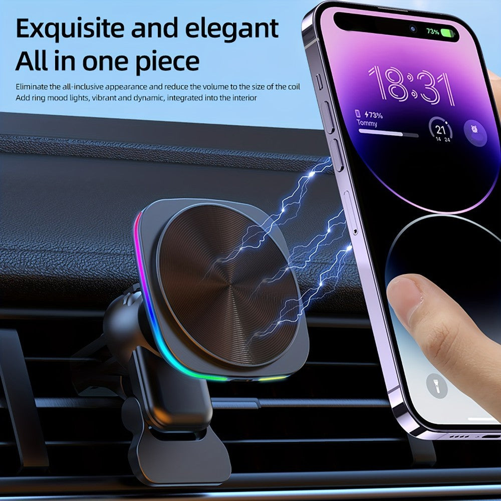 15W Magnetic Wireless Car Charger – Fast Charging, Strong Hold, Night Glow Ring