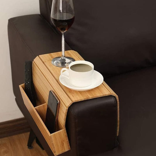 Premium Bamboo Sofa Arm Tray | Foldable Anti-Slip Couch Cup Holder
